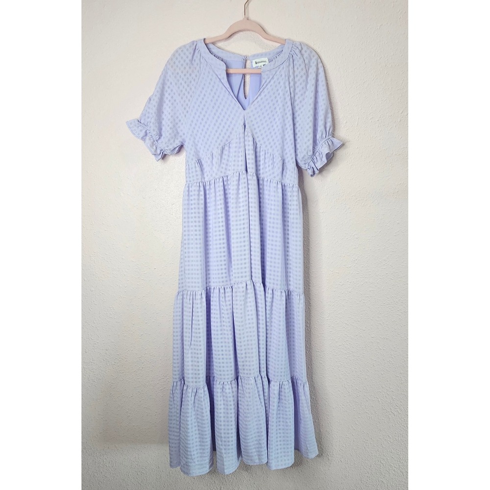&merci Anthropologie Maxi Dress Sz S Purple Gingham Tiered Ruffle Sleeve Prairie